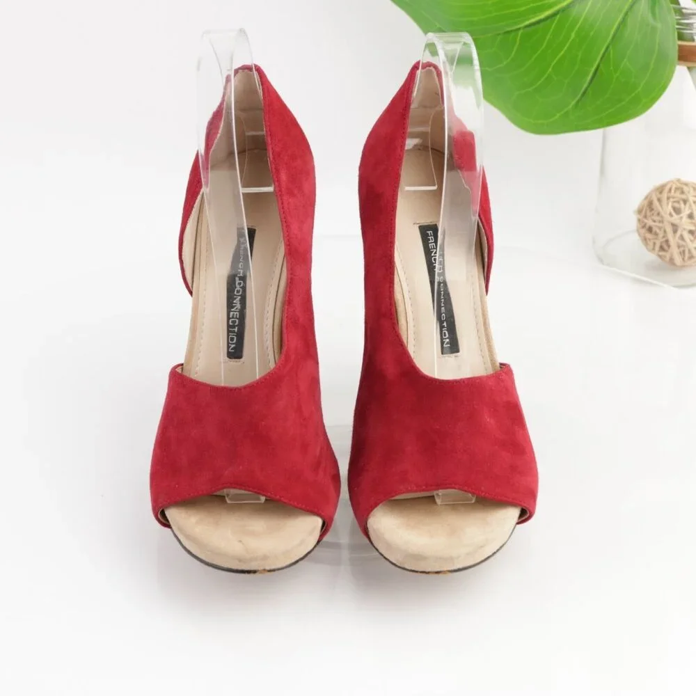 French Connection Womens D'Orsay Pump Size 8 Red Suede High Heel‎ Peep Toe Shoes